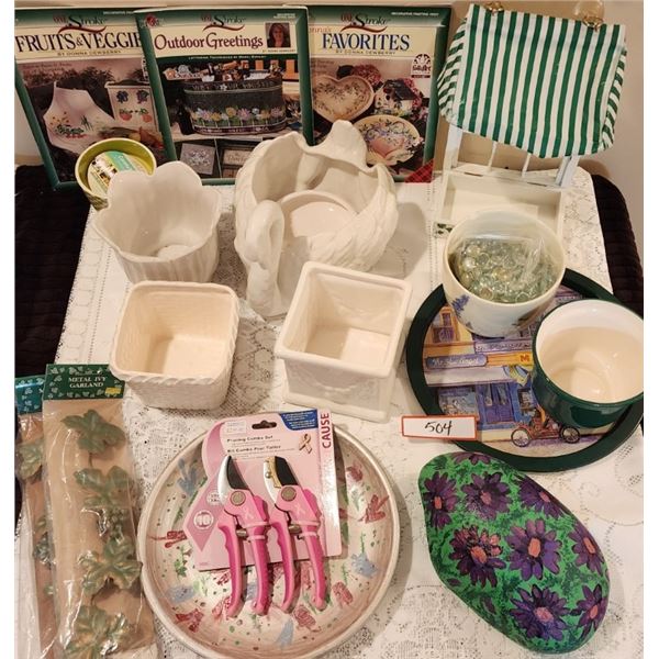 Outdoor Pots & Decor, Pruning Set, Metal Garland, Hand Painted Rock, Patio Candle, Books, Tray