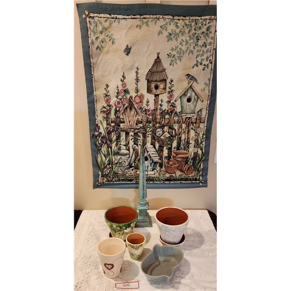 Hand Painted Flower Pots, Large Garden Tapestry (26"x 36") with Wooden Dowel