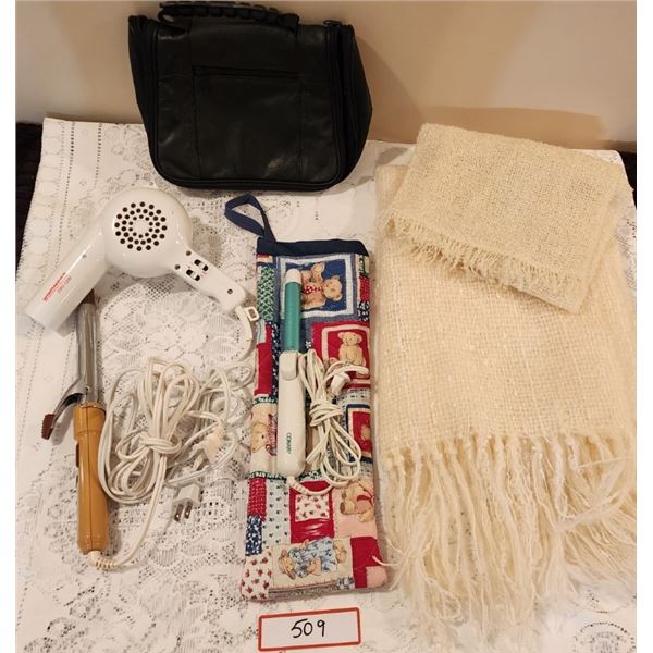 2 Curling Irons with Bag, Blowdryer, Cosmetic Bag, 2 Mohair Scarves