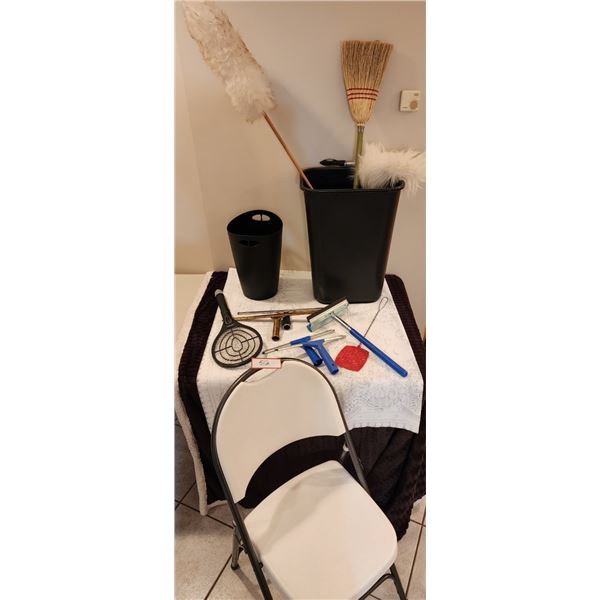 2  Black Garbage Cans, 2 Dusters, Bug Zapper, Chair, Small Straw Broom, Squeegee's