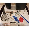Image 2 : 2  Black Garbage Cans, 2 Dusters, Bug Zapper, Chair, Small Straw Broom, Squeegee's