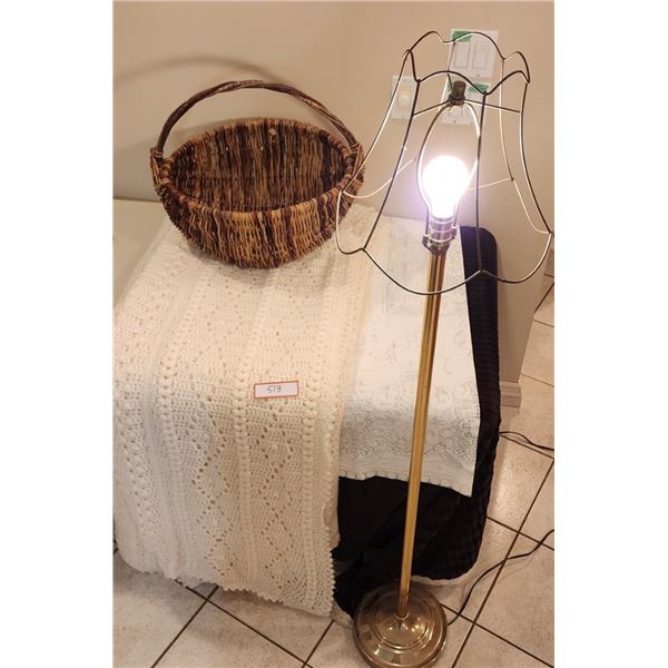 Handmade Off-White Afghan, Wicker Basket, Vintage Lamp