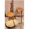 Image 1 : Wood Table, Wood Stool (13"Diameter, 30" Height), 2 Hand Carved Canes, Blanket & Basket