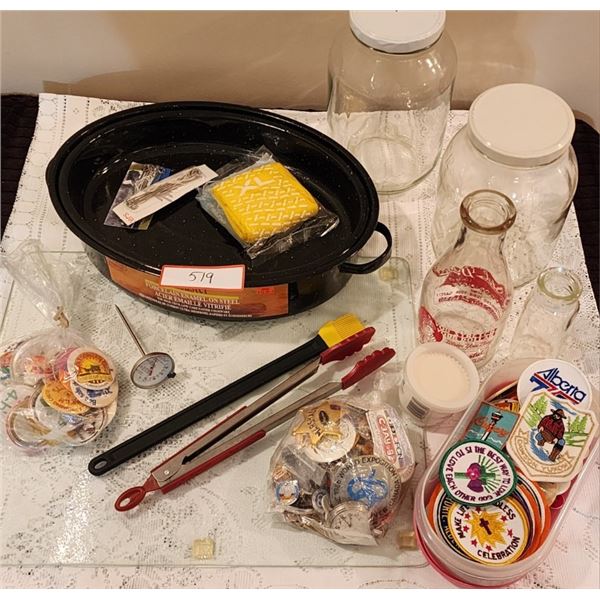 2 Large Glass Jars, Roaster with Tongs, Glass Cutting Board, Retro Pins & Badges