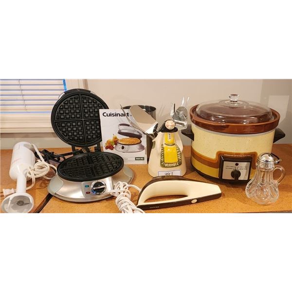 Crock Pot, Moulinex Hand Mixer, Cuisinart Waffle Maker, Electric Knife, Utensil Holder, Syrup Carafe