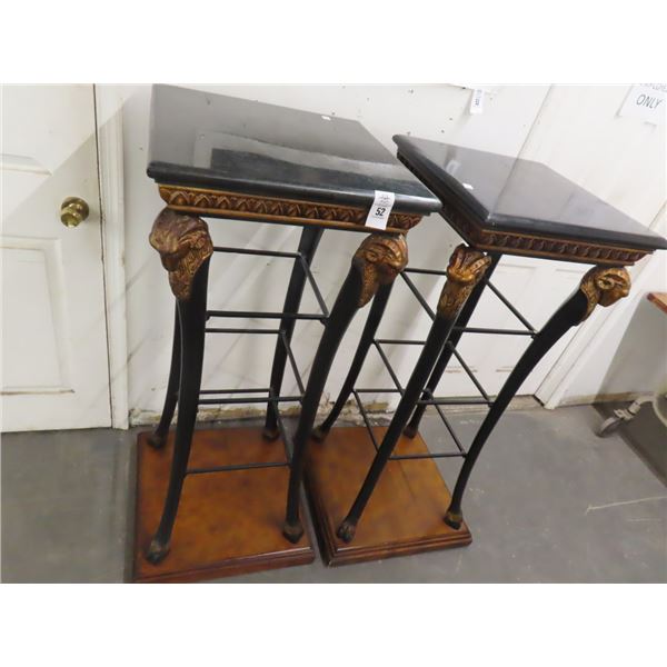 Marble Top Ram Figural Claw Foot Pedestal Tables - Pair