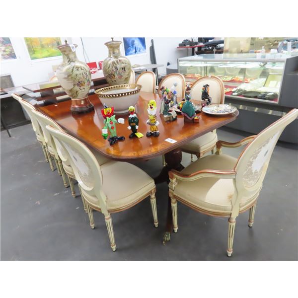 Mahogany Burl Trim Double Pedestal Claw Foot Table w/10 Chairs & 3 Leaves