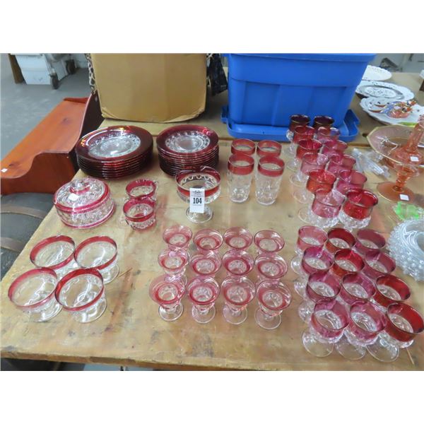 Large Lot of Red Trim Glassware/Dishes