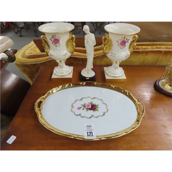 Brevaria China Floral Dish, Swan Urns, Florence Italian Figurine