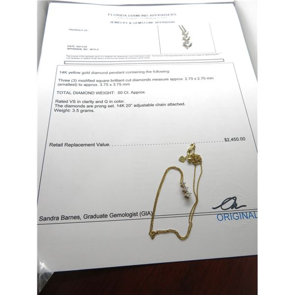 14K YG Diamond Pendant w/3 Modified Cut Diamonds.  Prong Set w/14K