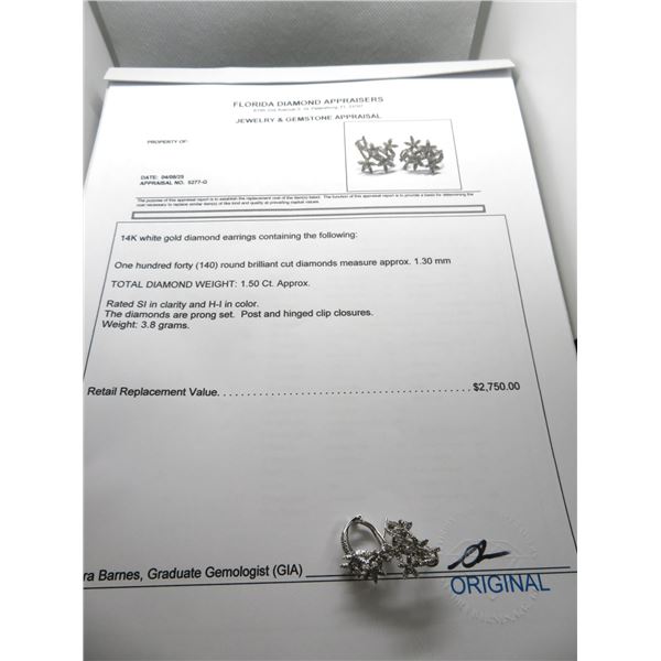 14K WG Diamond Earrings w/140 Round Cut Diamonds.  Prong Set 3.8g