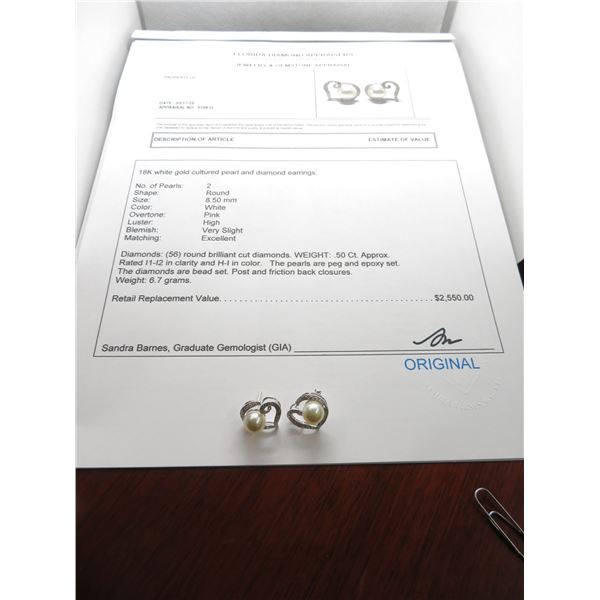 18K WG Cultured Pearl and Diamond Earrings w/56 Round Cut Diamonds.