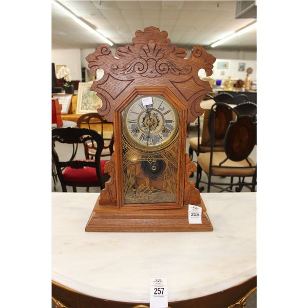 Carved Oak Mission Style Mantle Clock w/Shore Birds Etched