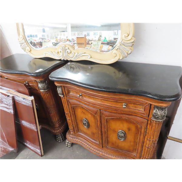 Ornate Cast Trim Claw Foot Burl Marble Top Cabinet - Pair