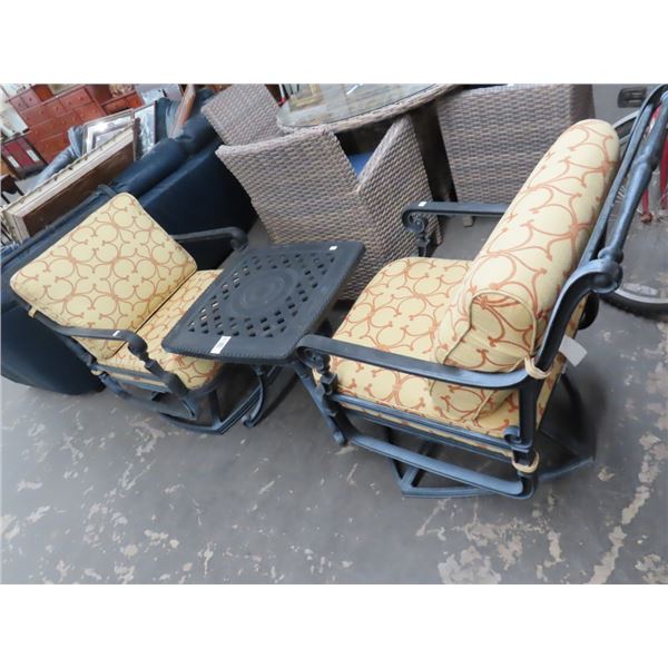 Cast Patio Swivel Rocker Armchairs -Pair w/End Table