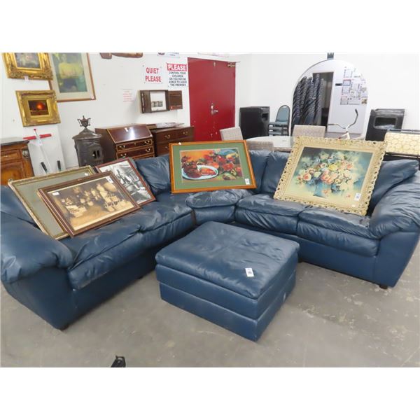 Blue Leather 3 Pc. Sectional Sofa w/Ottoman