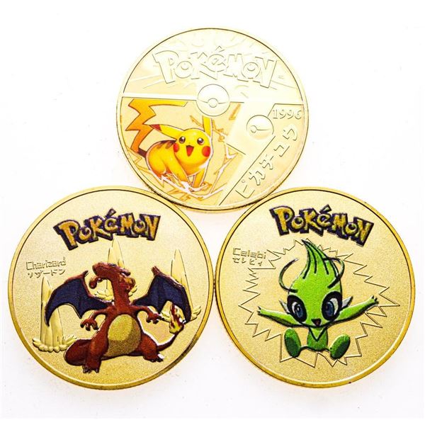 Group of 3 24kt Gold Overlay Pokemon Medallions. Random Picks