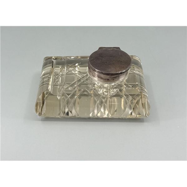 English Sterling Silver Cut Crystal Inkwell