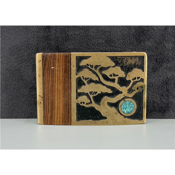 Turquoise Chip Inlaid Brass Belt Buckle