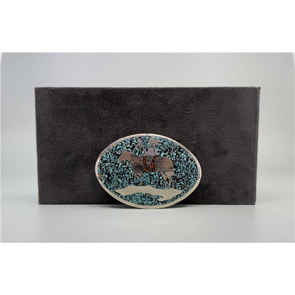 Zuni Chip Inlaid End of Trail Belt Buckle
