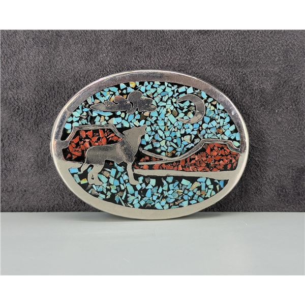 Zuni Chip Inlaid Coyote Belt Buckle