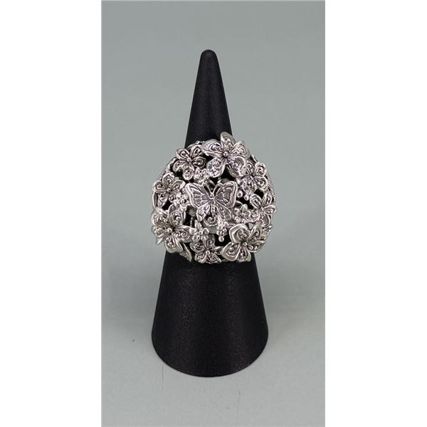 Sarda Sterling Silver Butterfly & Flowers Ring