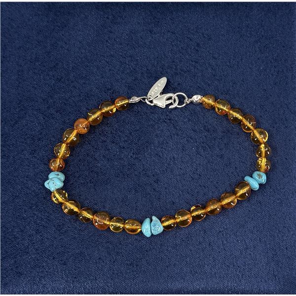 Sterling Silver Amber & Turquoise Bracelet