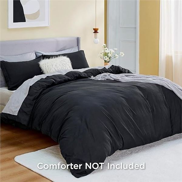 1 Bedsure 3PC Queen Size Duvet Cover Set - 90" x 90" - Black Colour - New