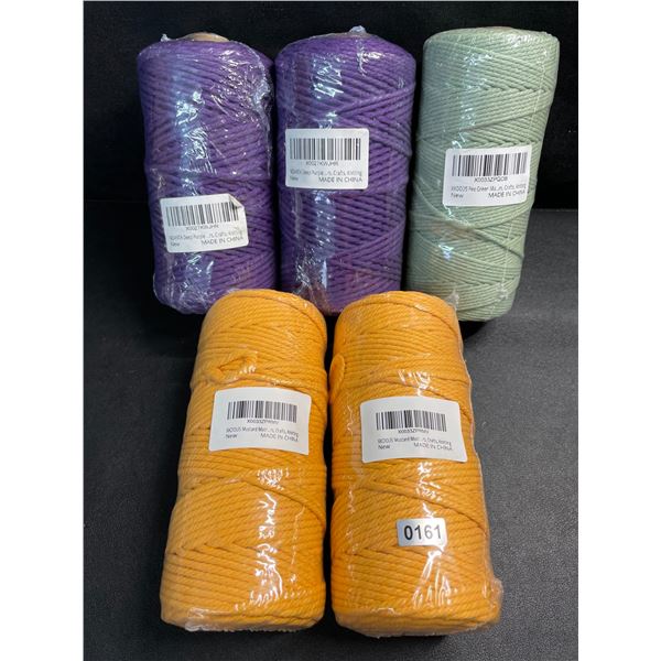 5 Assorted Rolls of Macrame Cord/Cotton Yarn - Approx. 109yards Per Roll (Purple/Yellow/Green) - New
