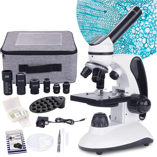 1 Biological Microscope Kit for Adults/Students; 40X-2000X Magnification; Dual LED, Carry Case - NEW