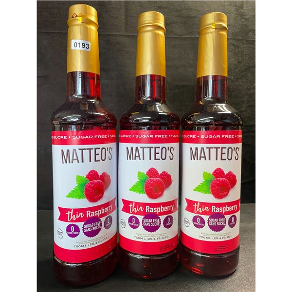 3 Matteo's Sugar-Free Fruit Syrup/Sweeteners for Beverages; Raspberry Flavor - 750mL - New