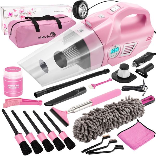1 Vioview 21PC Pink Car Cleaning/Detailing Kit w/ Handheld Vacuum, Cleaning Brushes, etc. - New!