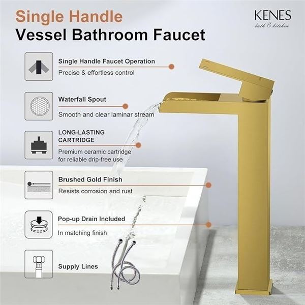 1 Kenes Bath & Kitchen Gold Vessel Single-Lever Waterfall Bathroom Sink Faucet - New in Box!