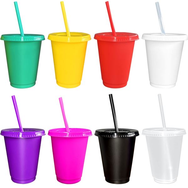 8-Pack of Colorful Plastic Tumbler Cups with Lids and Straws; Reusable Cups (16oz) - New