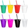 Image 1 : 8-Pack of Colorful Plastic Tumbler Cups with Lids and Straws; Reusable Cups (16oz) - New