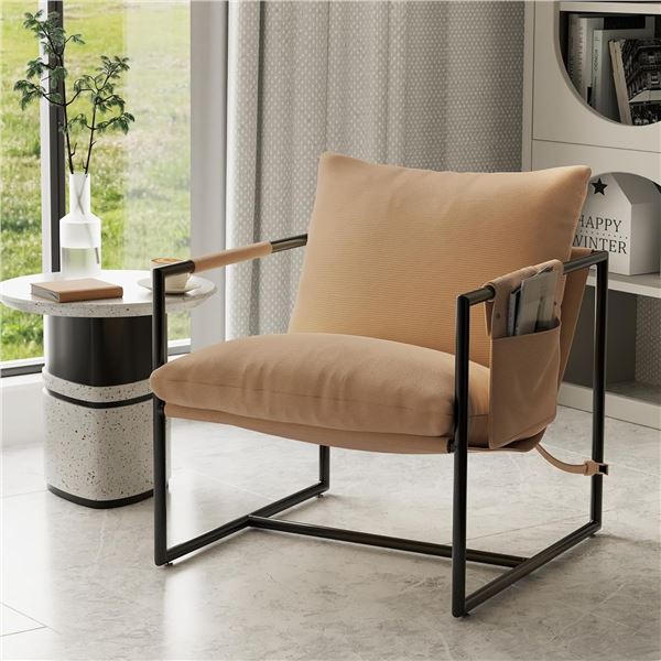 1 Fahomiss Sling Accent Chair for Living Room; Modern Metal Frame Armchair w/ Cushion (Khaki) - NEW