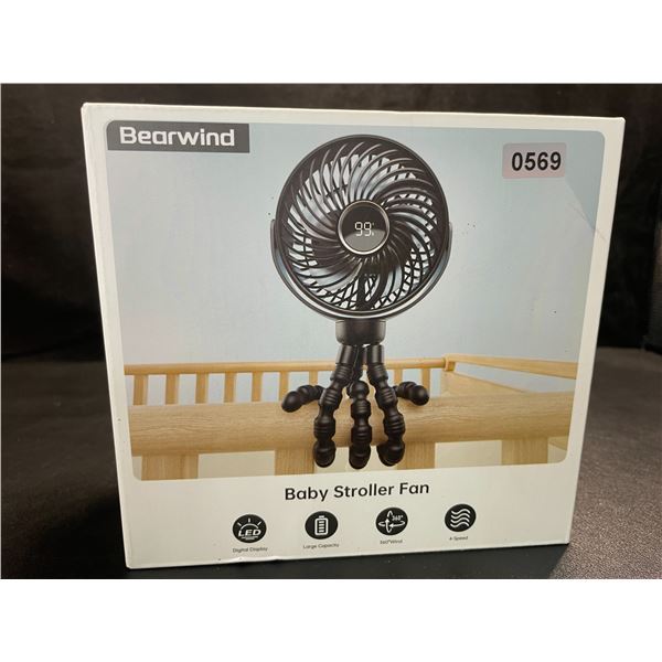 1 Bearwind Portable Baby Stroller Fan for Travel; Rechargeable w 4-Speeds - New in Box