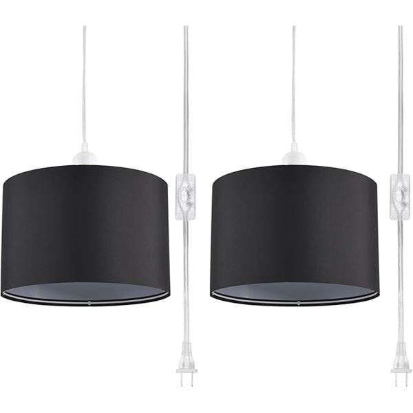 2-Pack of Black Plug-In Pendant Hanging Lights w/ 15FT Cord - Black Fabric Shade - New in Box