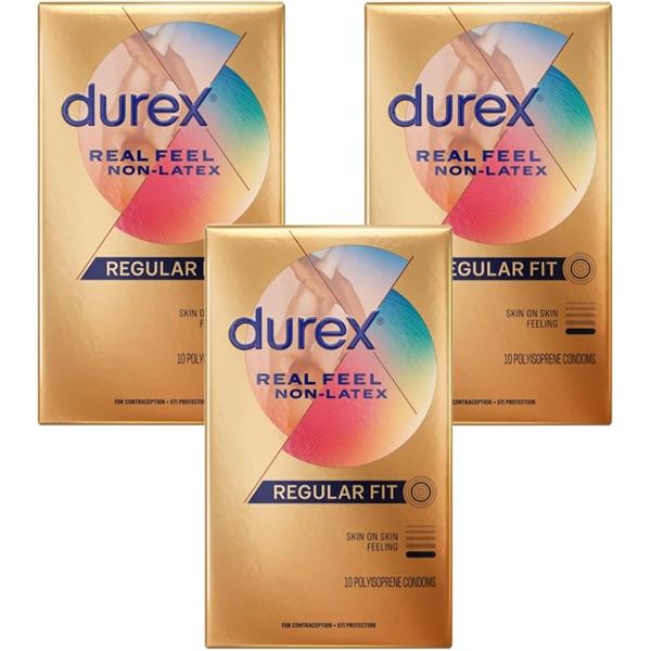 3 Boxes of Durex Real Feel Non-Latex Regular Fit Condoms (10 Per Pack) - Sealed (Exp: 3/1/2026)