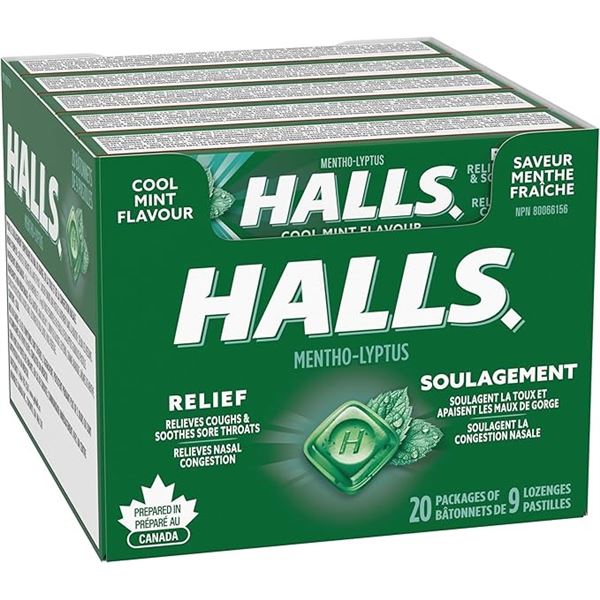Halls Mentho-Lyptus Cool Mint Cough Drops/Throat Lozenges; 20 Packs of 9 Lozenges Each - New