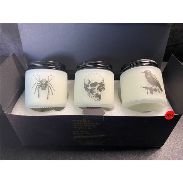 Box of 3 Scented Single-Wick Candles; Skull/Spider/Crow Goth Design - New