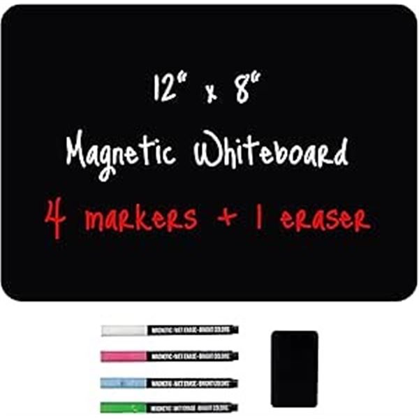 2 Magnetic Black Dry Erase Board Sets for Fridge (12" x 8" Size) w/ Neon Chalk Markers - New