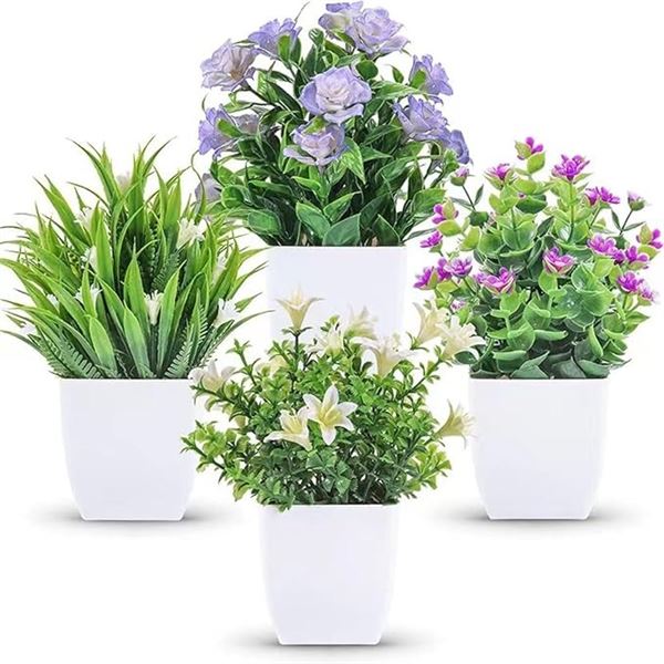 Set of 4 Small Artificial Table Plants/Flowers for Decor - New