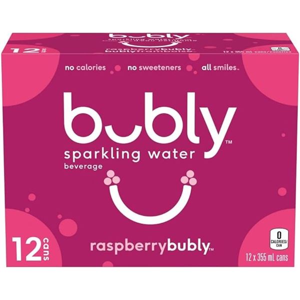1 Case of Raspberry Bubly Sparkling Water Beverages - 12 x 355ml Cans - BB: AL 07/2025