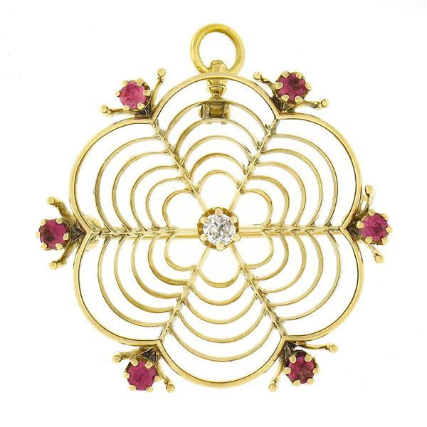 Antique Victorian 14k Gold Diamond Red Stone Spider Web Open Brooch Pin Pendant