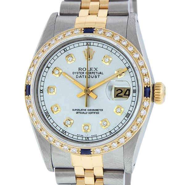 Rolex Mens Two Tone Silver And Sapphire Diamond 36MM Datejust Wristwatch