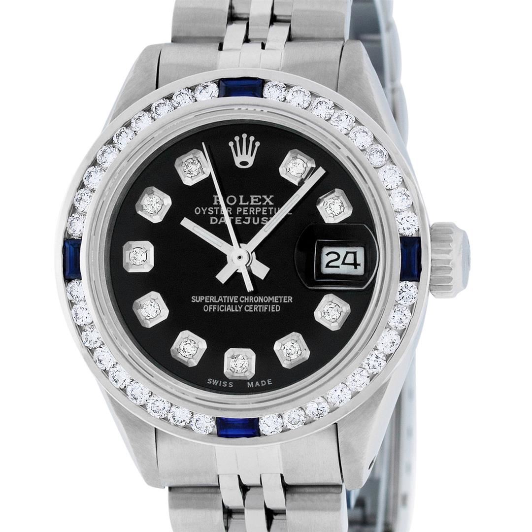 Rolex Ladies Stainless Steel Black Diamond And Channel Set Sapphire ...