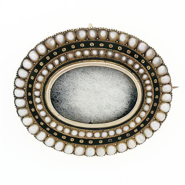 Antique Victorian 18k Gold Pearl & Black Enamel Oval Mourning Brooch Pin Pendant