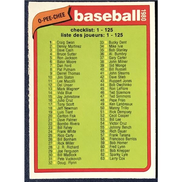 1980 O-PEE-CHEE CHECKLIST