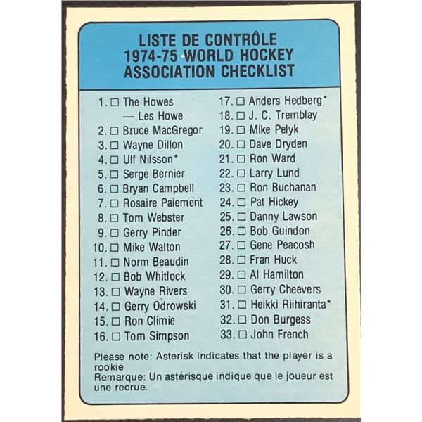 1974-75 O-PEE-CHEE WHA CHECKLIST